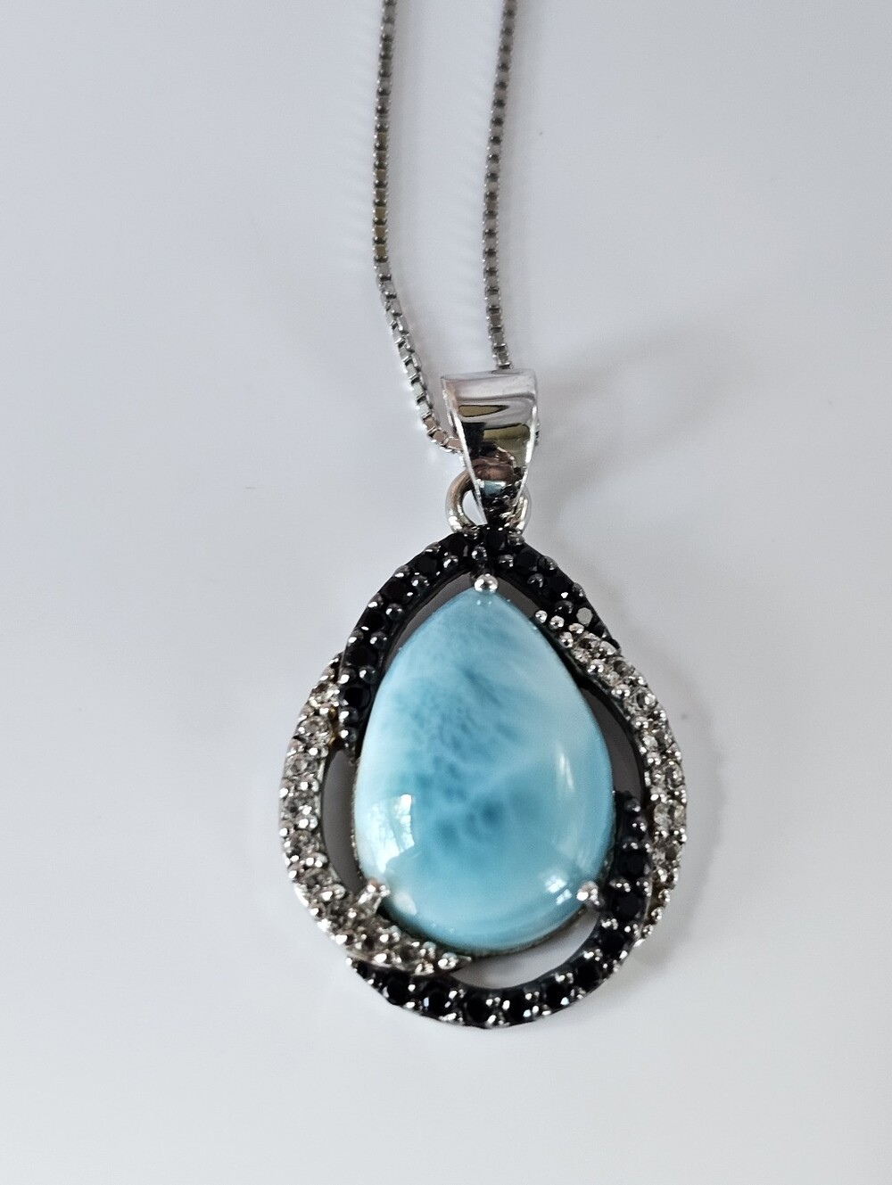 Genuine Larimar Pendant Black Spinel & White Zircon Sterling Silver Chain! - Picture 4 of 7